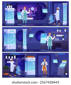 Vector set of scenes with a secret laboratory and researchers in outer space. Key elements: a robot arm, flower pots, capsules, plants and a cryostage.