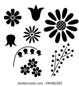 Vector set of schematic black illustration of different flowers on a white background. Eps 10.