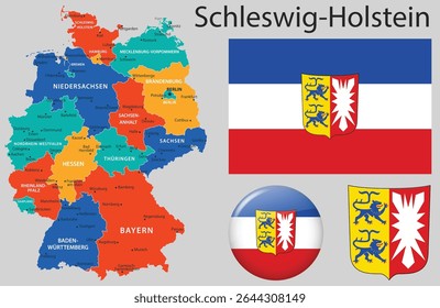 Conjunto vetorial de Schleswig Holstein, incluindo a bandeira oficial, brasão de armas e mapa atualizado. Parte da bandeira alemã completa e da coleção de emblema.