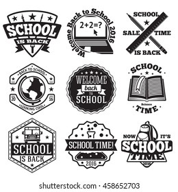 Vector set of school badges for new season, sales etc. With globe, computer, book, backpack, school bus etc.