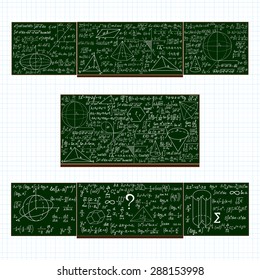 Vector set with school blackboards with handwritten mathematical calculations, plots and figures