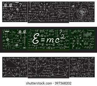 Vector set with school blackboards with handwritten mathematical calculations, plots and figures