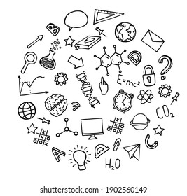 
Vector set of school characters. Physics, chemistry, biology, geography, mathematics and other school subjects. Science elements are drawn with a line. Icons for children and students