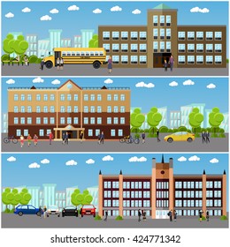 Vector set of school and college banners. Students and teachers walk next to university and school buildings.