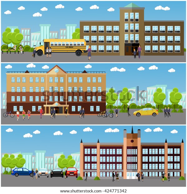 Vector set of school\
and college banners. Students and teachers walk next to university\
and school buildings.