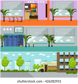 Vector set of school concept banners. School interior, classroom, school yard, building and school bus.