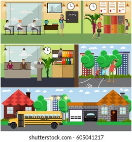 Vector set of school concept design elements in flat style. Classroom at school. Student and teacher characters. 