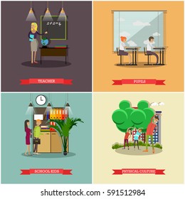 Vector set of school concept posters. Teacher, pupils, school kids and physical culture design elements in flat style.