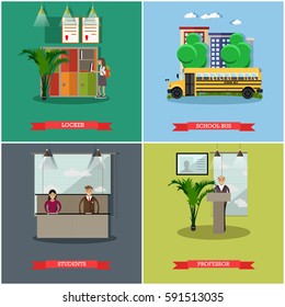 Vector set of school concept posters. Locker, school bus, students and professor design elements in flat style.