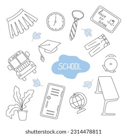 Vector set of school in doodle style. Isolated on white background