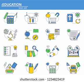 Vector set of School education icons in thin line style. Physics, chemistry, biology and other subjects. Website UI and mobile web app icon. Outline design illustration