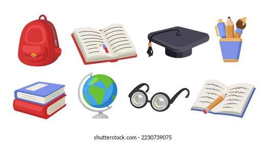 Vector set of school and education icons. School bag illustration, globe, open book and notebook, brush, pencil, pen, graduation cap, glasses and stack of books