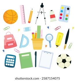 Vector set of school elements. Back to school collection of different supplies.