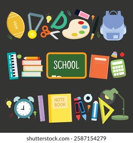 Vector set of school elements. Back to school collection of different supplies.