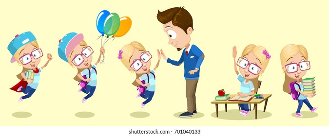 Vector set of school girl character in different poses. Girl is flying like super hero. Flying with balloons. Giving high five to teacher, Sitting at the desk and ask something. Walking with books,