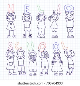 Vector set of school hello icons isolated on a notebook sheet