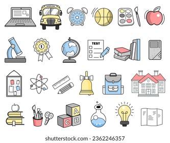 Conjunto de vectores de iconos escolares. Caricatura de la educación, la escuela.