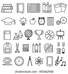 Vector set of school icons of supplies, education symbols and stationery