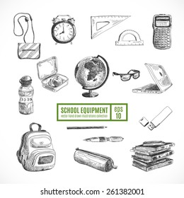 Vector set of school items. Hand drawn Illustration. Back to School. School essential illustration.