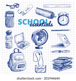 Vector set of school items on a sheet of exercise book. Hand drawn Illustration. Back to School. School essential illustration.