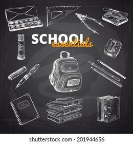 Vector set of school items on a chalkboard. Hand drawn Illustration. Back to School. School essential illustration.