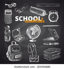 Vector set of school items on a chalkboard. Hand drawn Illustration. Back to School. School essential illustration.