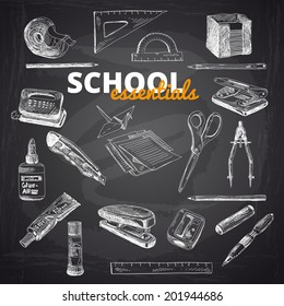 Vector set of school items on a chalkboard. Hand drawn Illustration. Back to School. School essential illustration.