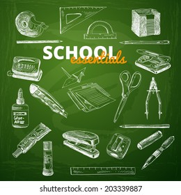 Vector set of school items on a chalkboard. Hand drawn Illustration. Back to School. School essential illustration.