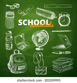 Vector set of school items on a chalkboard. Hand drawn Illustration. Back to School. School essential illustration.