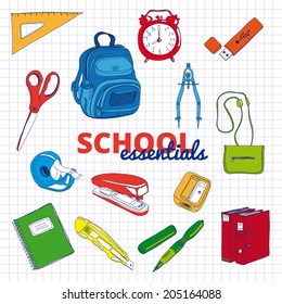 Vector set of school items on a sheet of exercise book. Hand drawn Illustration. Back to School. School essential illustration. 