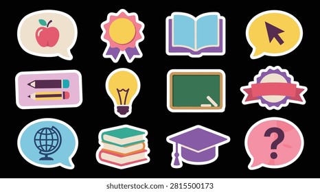 Vector set of school learning elements, apple, diploma, graduation cap, books, lightbulb, globe, pencils, blackboard, mouse cursor, speech bubble, and question mark. Isolated on black background.