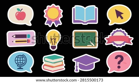 Vector set of school learning elements, apple, diploma, graduation cap, books, lightbulb, globe, pencils, blackboard, mouse cursor, speech bubble, and question mark. Isolated on black background.
