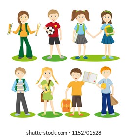 Vector set of school pupils on white background. Boys and girls in different clothes and school uniform with school supplies. Backpack, diary, books, pencils, paint, lunch, football.