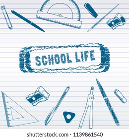 Vector set, school stationary equipment for mathematics learning, hand drawn sketch of schoolbag stuff - textbook, compasses, pencil, ruler, rubber, sharpener. Back to school theme. Flat lay style.
