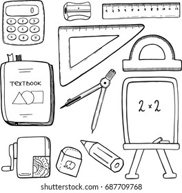 Conjunto de vectores, equipo escolar estacionario para el aprendizaje de matemáticas, boceto hecho a mano de material para bolsos escolares - libro de texto, brújulas, lápiz, regla, caucho, afilador. Volver al tema escolar. Estilo de capa plana.