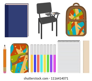 Vector set school stationery, isolated school accessories