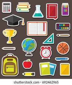Vector set of school stationery stickers. Education symbols and supplies icons