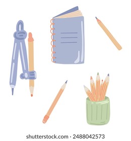 Vector Set of School Stationery Supplies flat design with notebook