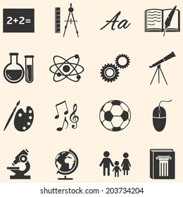 Vector Set of  School Subjects Icons. Mathematics, Geometry, Spelling, Literature, Chemistry, Physics, Mechanics, Astronomy, Painting, Music, Sport, Informatics, Biology, Geography, Sociology, History