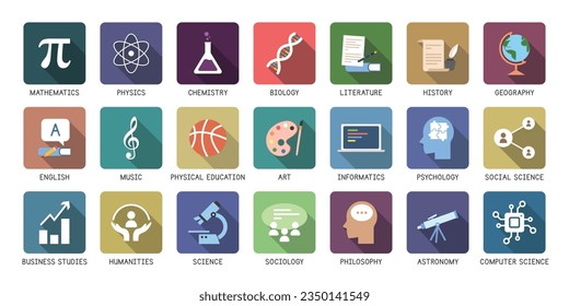 Conjunto vectorial de asignaturas escolares iconos de estilo plano con sombra larga. Matemáticas, Física, Química, Biología, Literatura, Historia, Geografía, Música, Educación Física e ilustración vectorial. Diseño de logotipo