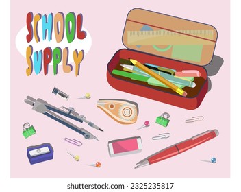 Vector set of school supplies. Back to school background with stationery, pencil case and compasses