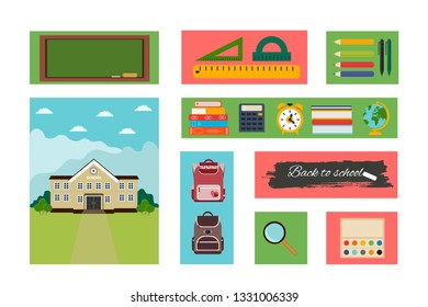 Vector set of school supplies. School banner. Back to school inscription. Vector illustration design 
