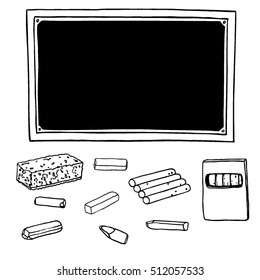 Vector set of school supplies. Blackboard, chalk of different shapes, cleaning sponge and chalk box. Ink silhouettes