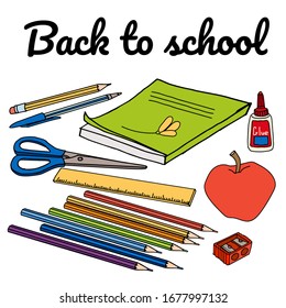Vector set of school supplies in doodle style. Banner with cartoon stationery items and  back to school message.