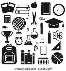Vector set of school supplies, education symbols and stationery silhouettes