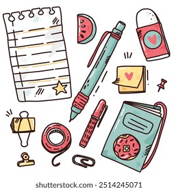 vector set of school supplies. hand drawn cartoon set