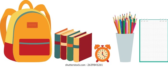 Vector set of school supplies including backpack, books, pencils, spiral notebook, and alarm clock. Colorful flat design elements perfect for education themes, posters, and learning materials.