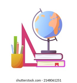 Vorräte von Vektorgrafiken einzeln auf weißem Hintergrund: Globe Books Pencils Pen Ruler. Farbige Schreibwaren.