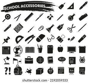 Vector set of school supplies isolated on white background. School supplies set with rulers, calculator and globe, books and computer, pen, etc.