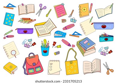 Vector set of school supplies isolated on white background. Including books, pen, pencil, eraser, ruler, shoulder bag, scissors, pin, paper-clip, memo, sticky note, backpack, and color marker.